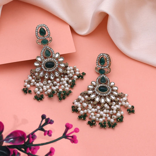 Classic Green Color Kundan Earrings With Polished Stones Perfect For Party Wear