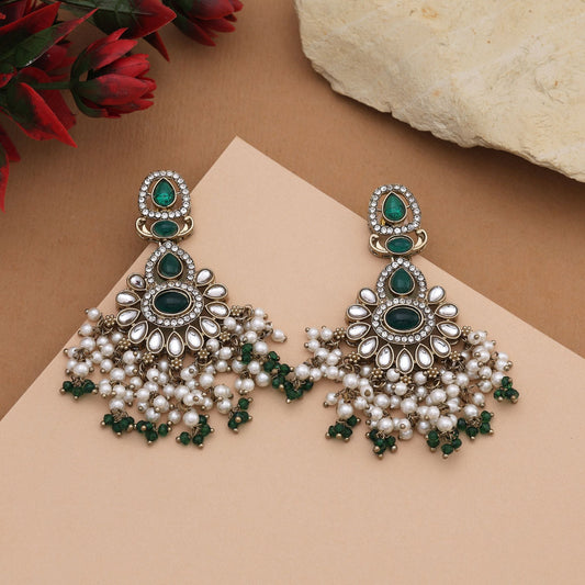 Classic Green Color Kundan Earrings With Polished Stones Perfect For Party Wear