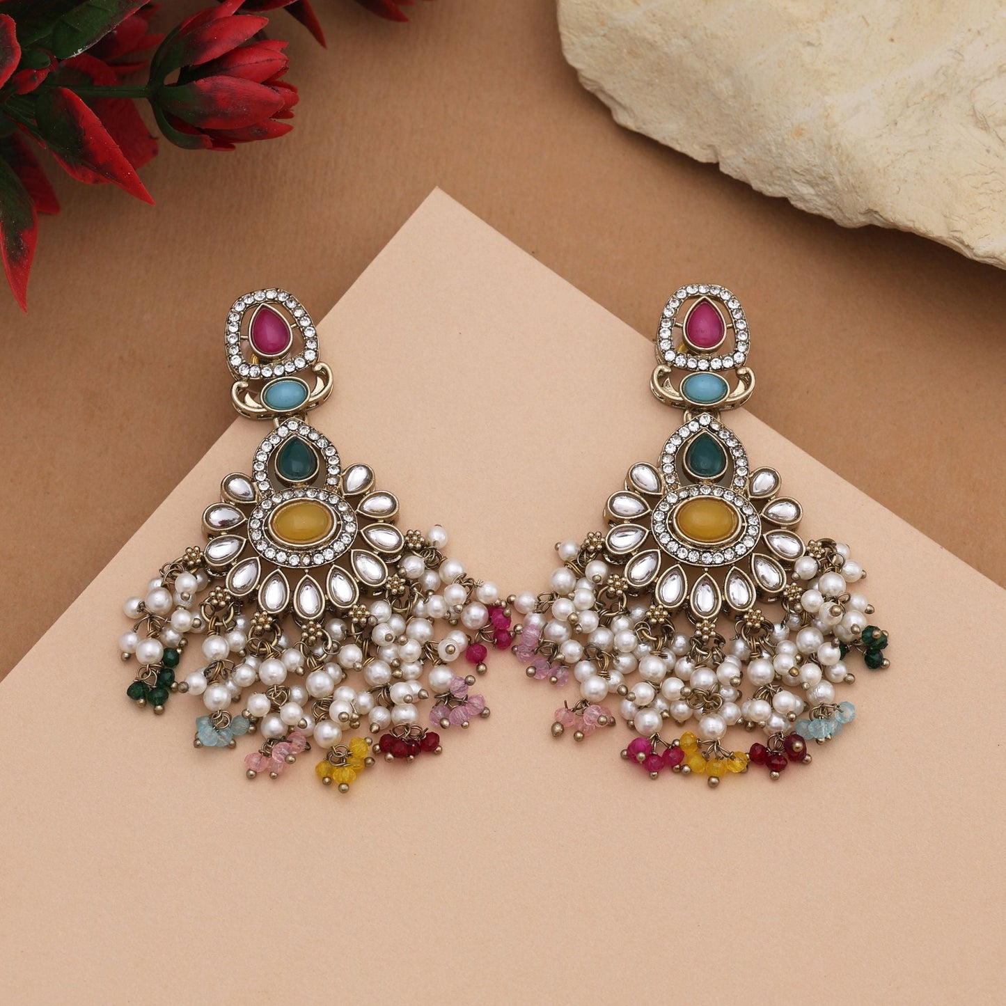 Gorgeous Multi Color Kundan Earrings With Traditional Design Perfect For Grand Events