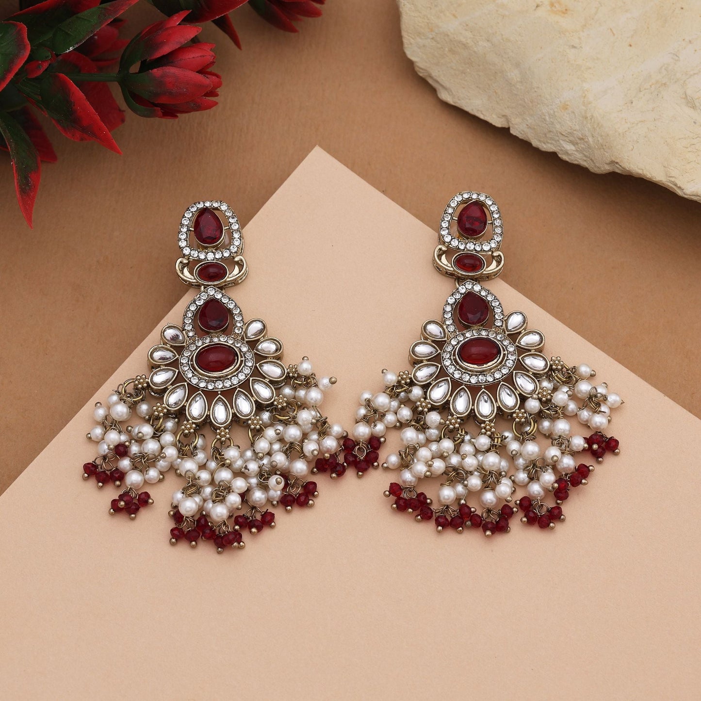 Royal Maroon Farbe Kundan Ohrringe mit antiken Steinen perfekt für Brautschmuck