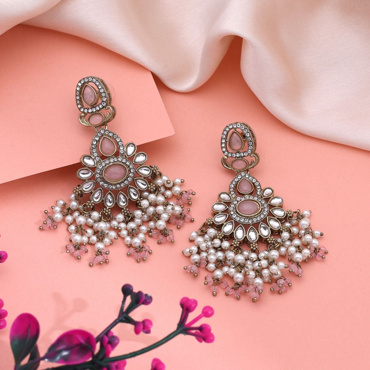 Pretty Pink Color Kundan Earrings With Delicate Work Perfect For Festive Occasions