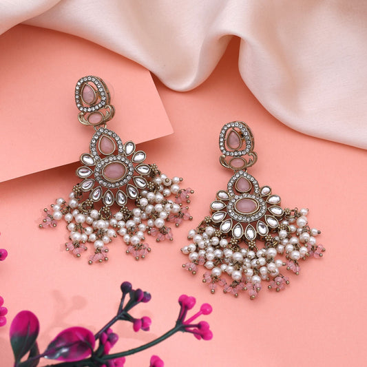 Pretty Pink Color Kundan Earrings With Delicate Work Perfect For Festive Occasions