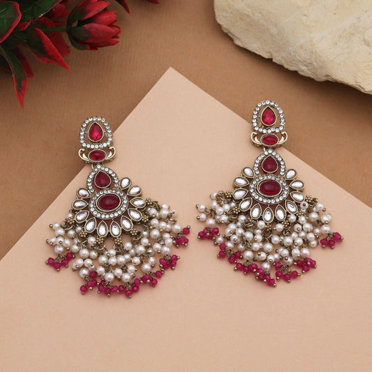 Gorgeous Rani Color Kundan Earrings With Fine Stones Perfect For Ethnic Outfits