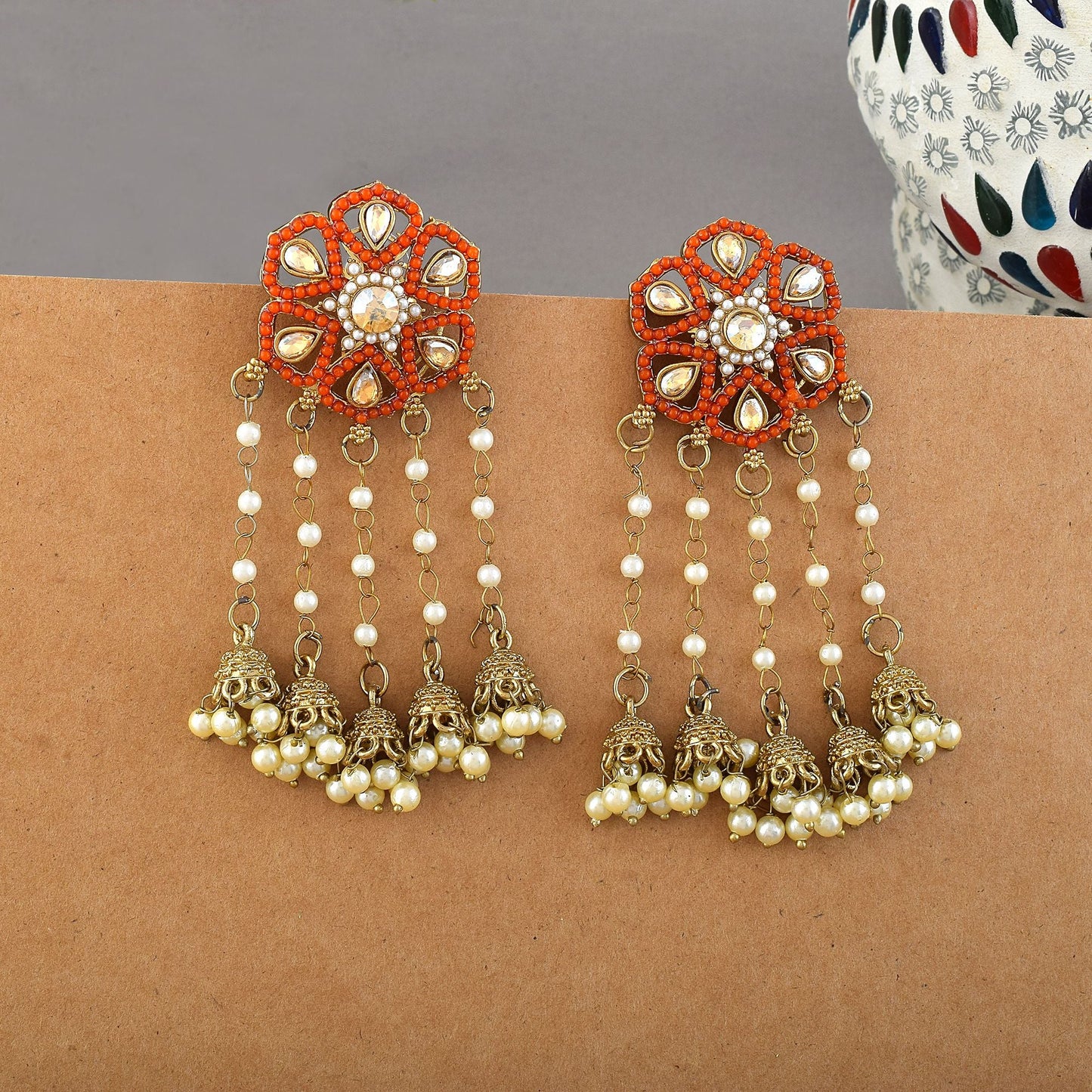 Orange Color Kundan Earrings