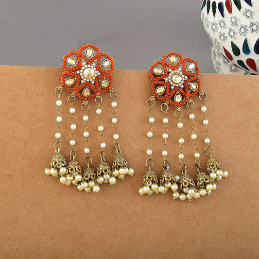 Orange Color Kundan Earrings