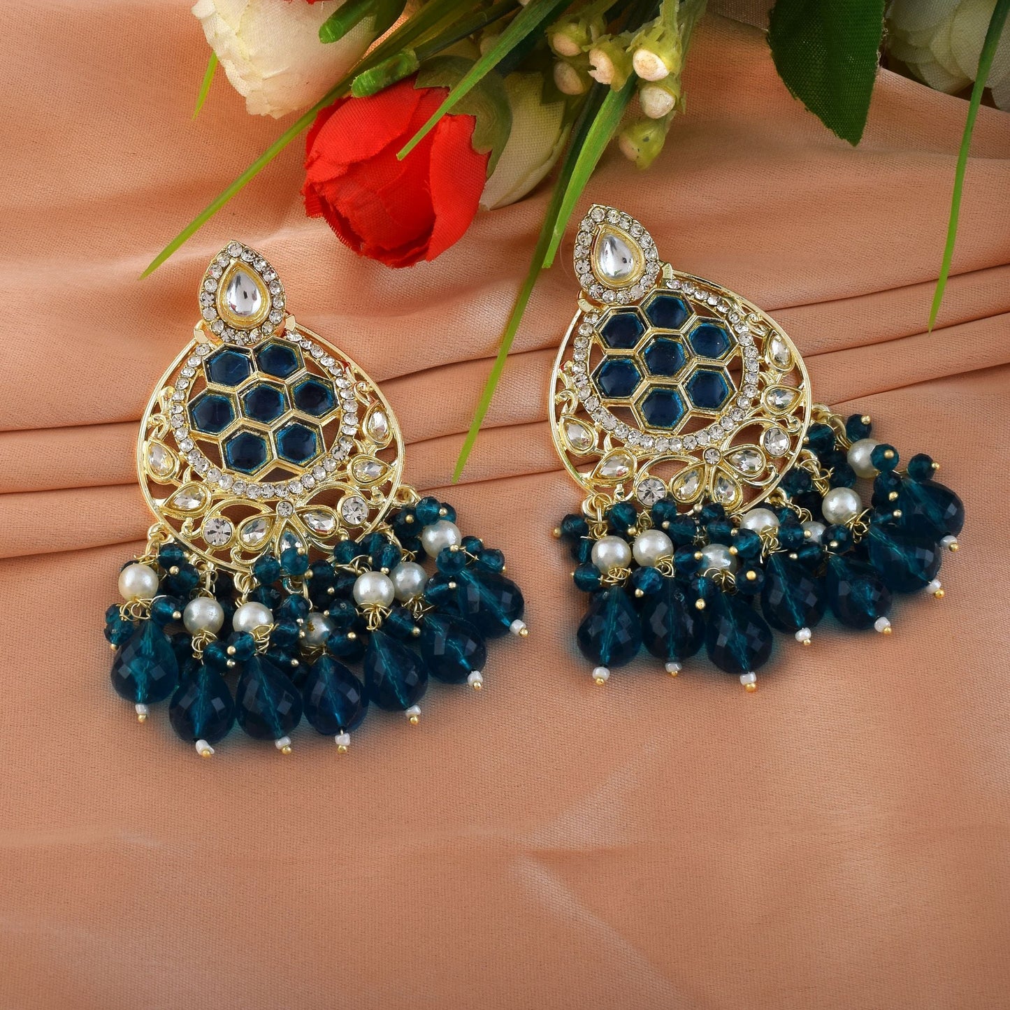 Rama Green Color Kundan Earrings