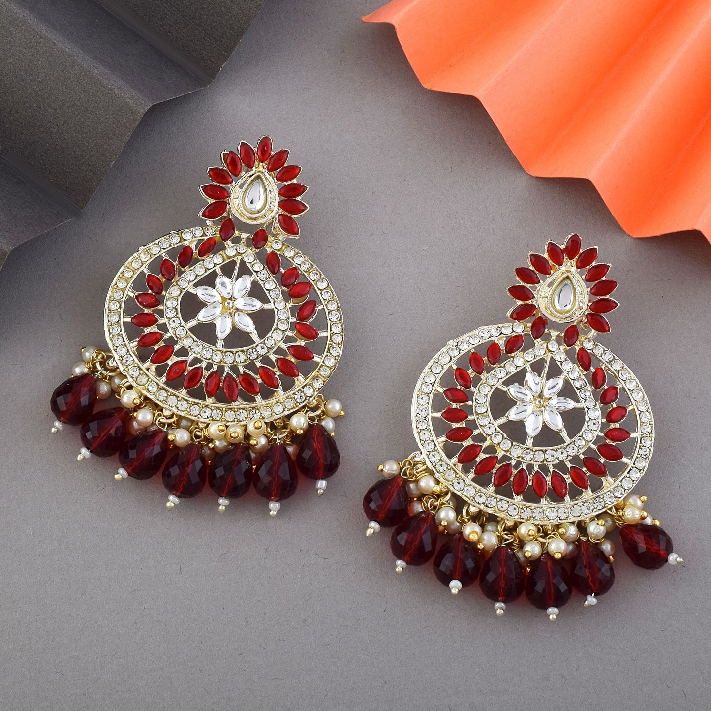 Maroon Color Kundan Earrings