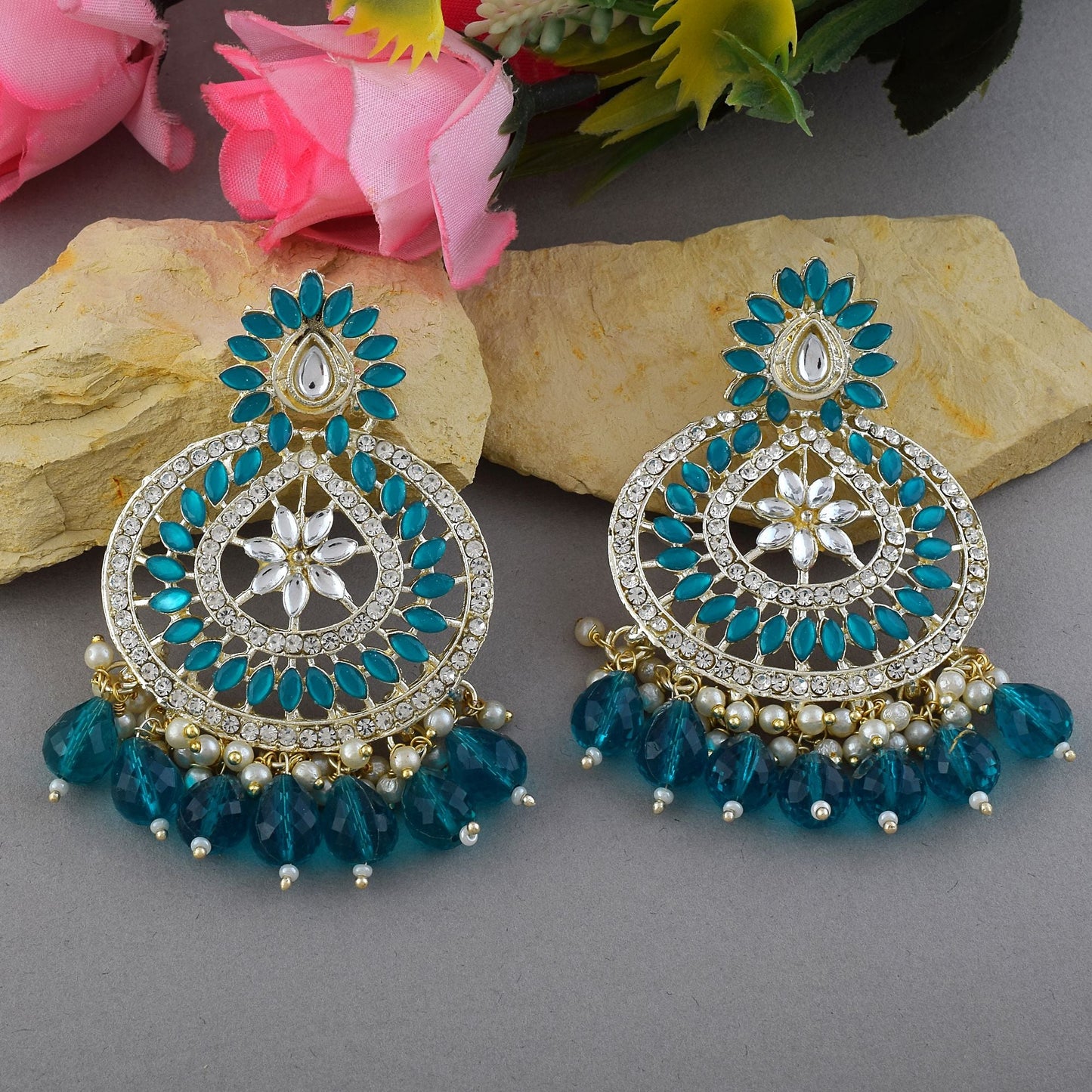 Rama Green Color Kundan Earrings