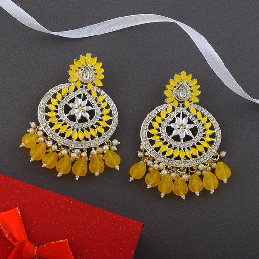 Yellow Color Kundan Earrings