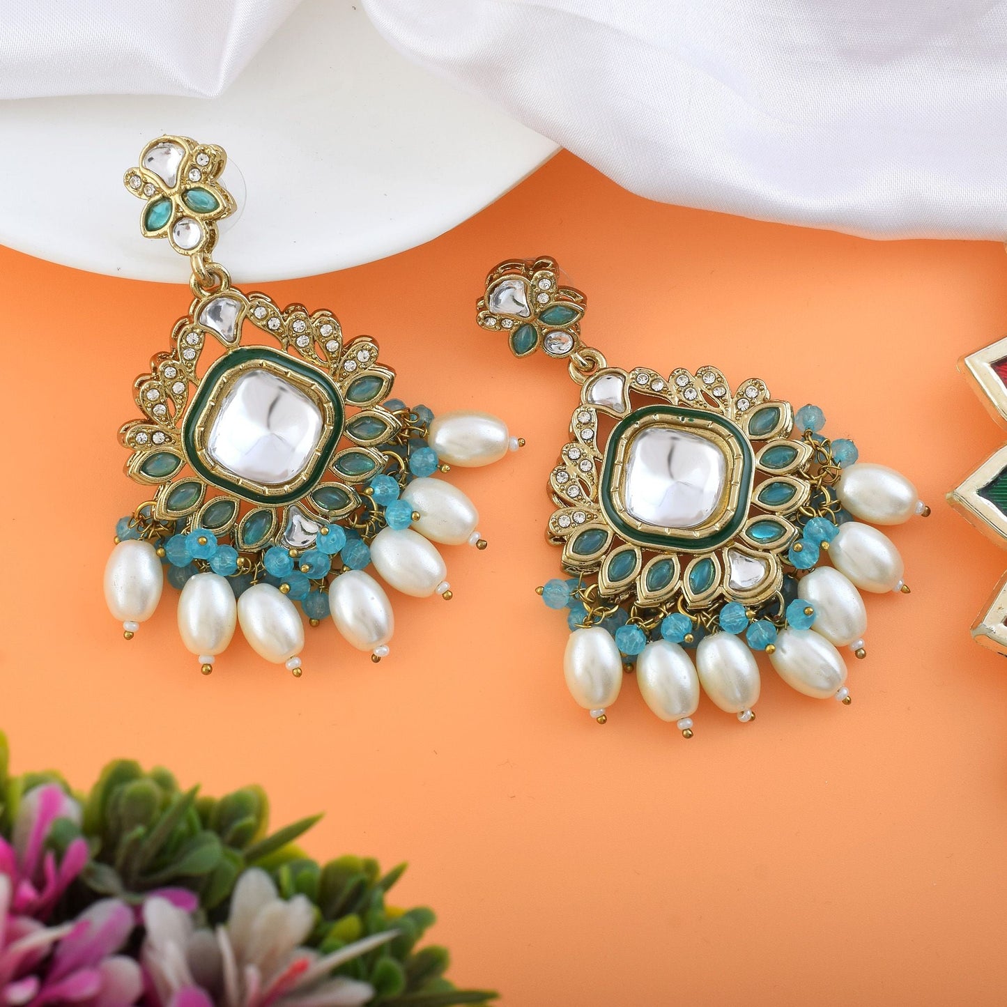 Firozi Color Kundan Earrings