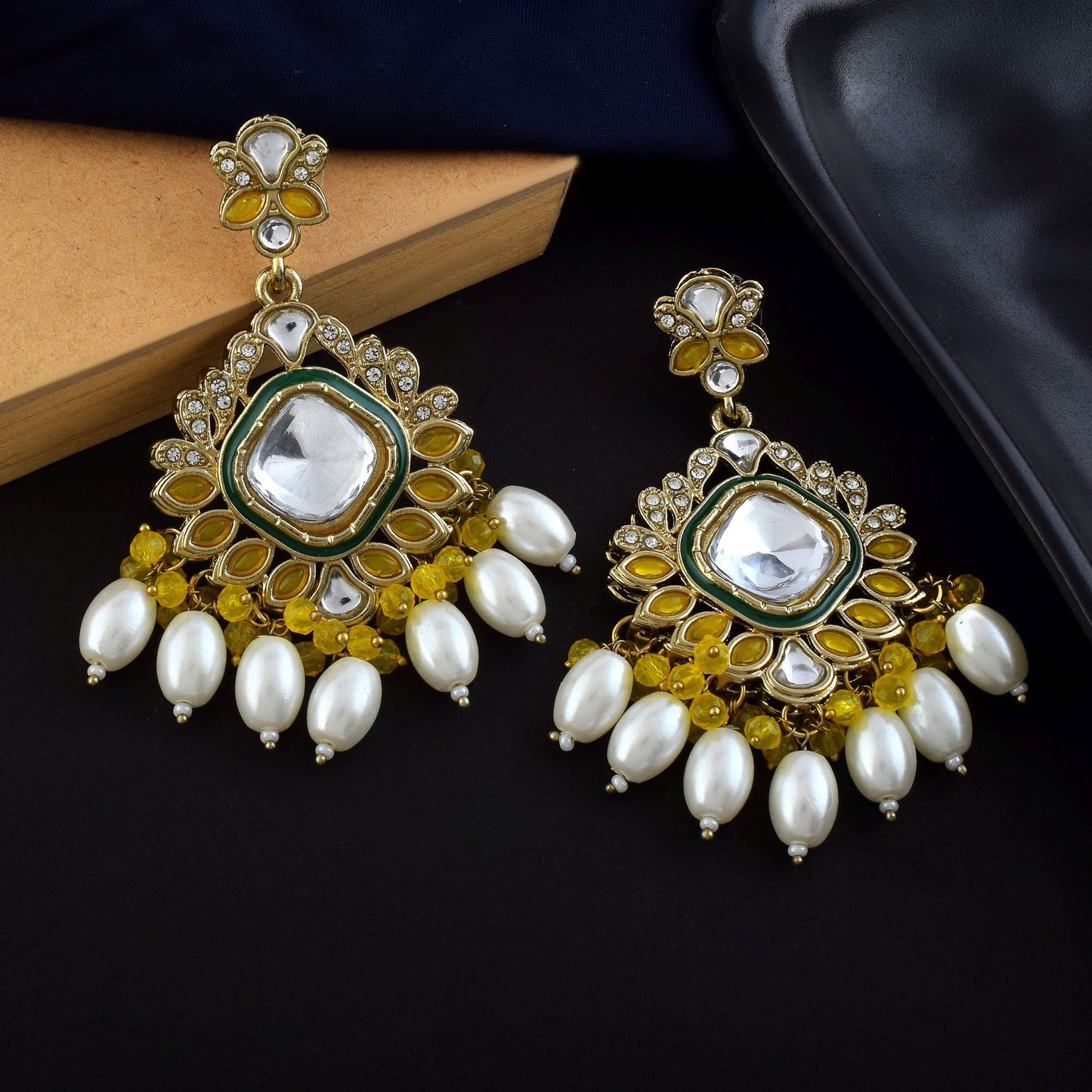 Yellow Color Kundan Earrings