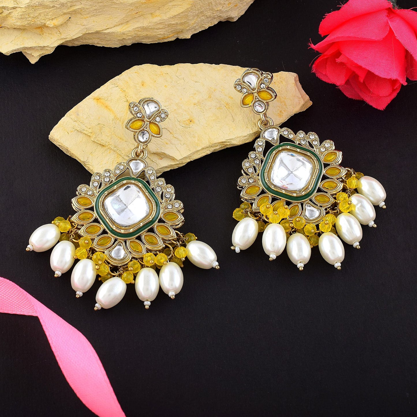 Yellow Color Kundan Earrings