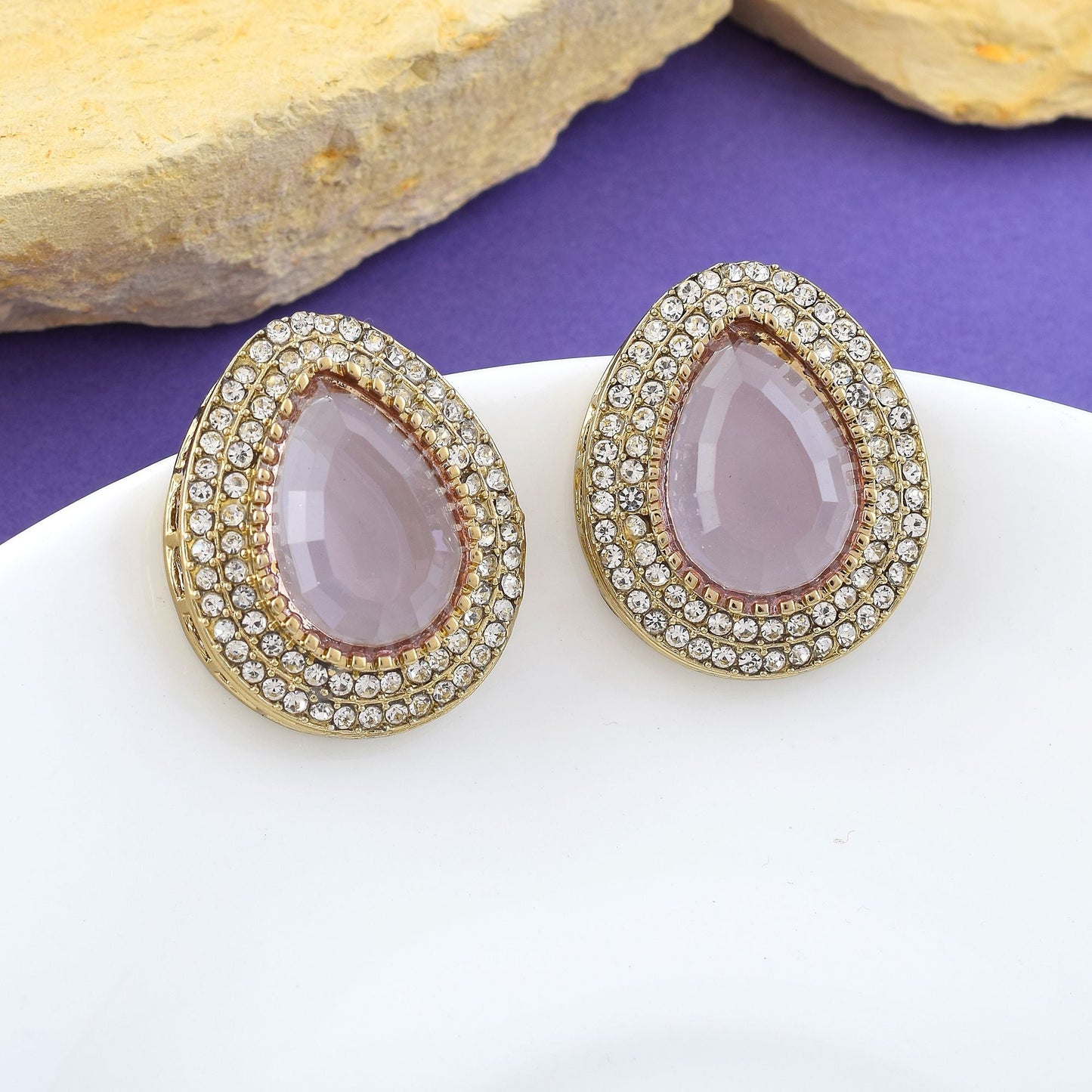 Lavender Color Stud Kundan Earrings