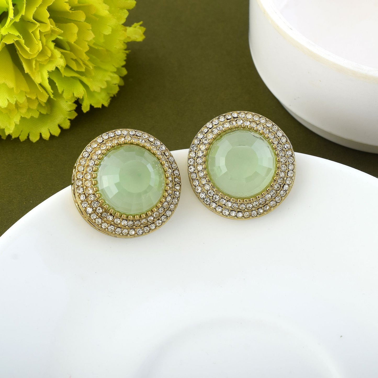 Light Green Color Stud Kundan Earrings