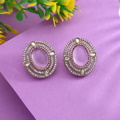 Graceful Lavender Color Stud Kundan Earrings Perfect For Ethnic Party Wear