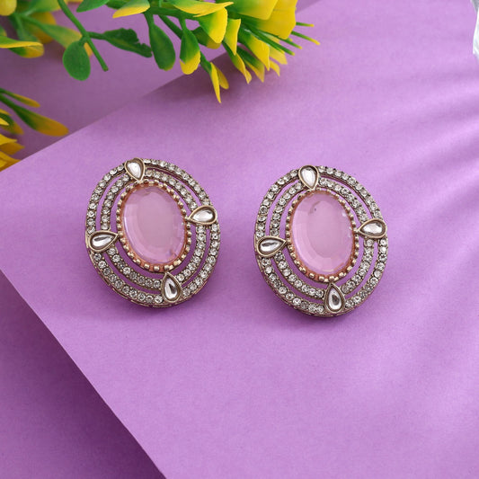 Beautiful Pink Color Stud Kundan Earrings With Intricate Traditional Craftsmanship