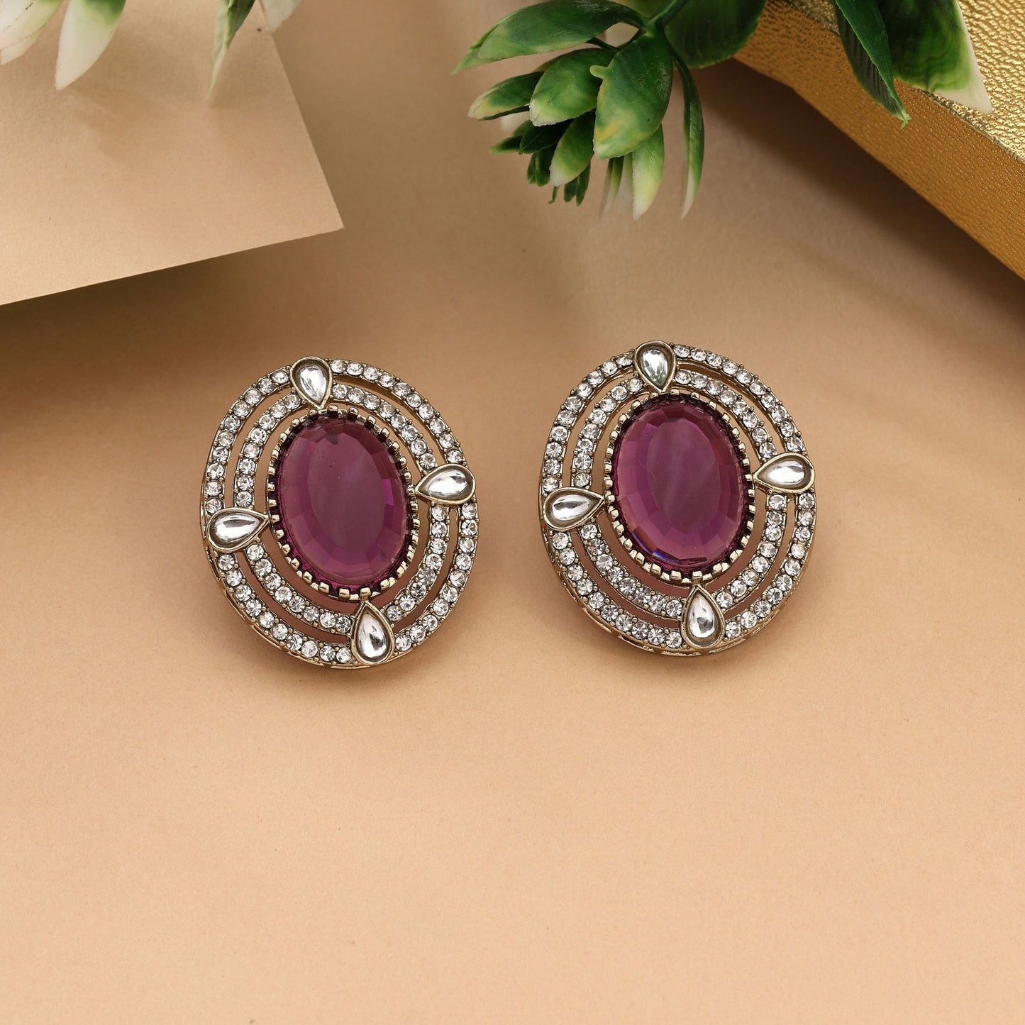 Gorgeous Rani Color Stud Kundan Earrings For Traditional Festive Looks