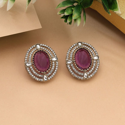 Gorgeous Rani Color Stud Kundan Earrings For Traditional Festive Looks