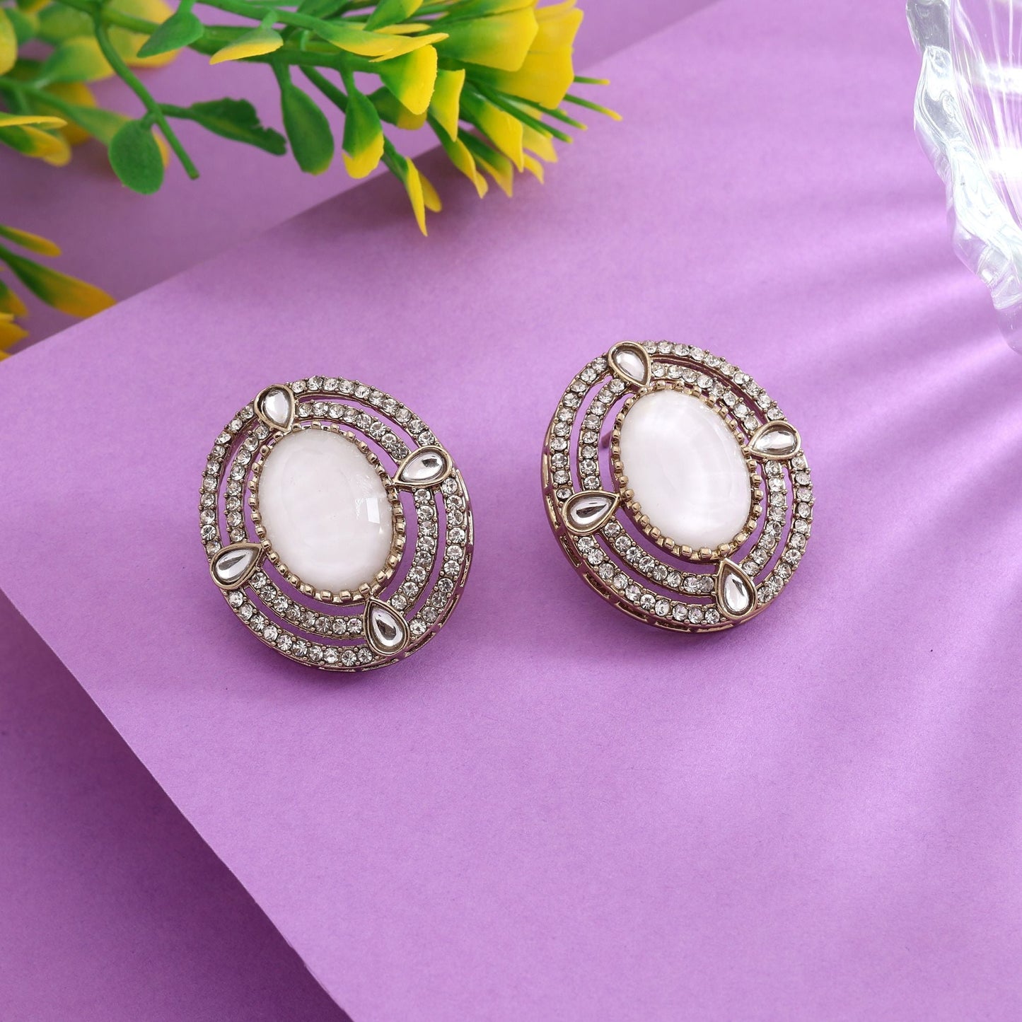 Classic White Color Stud Kundan Earrings Perfect For Office And Ethnic Outfits