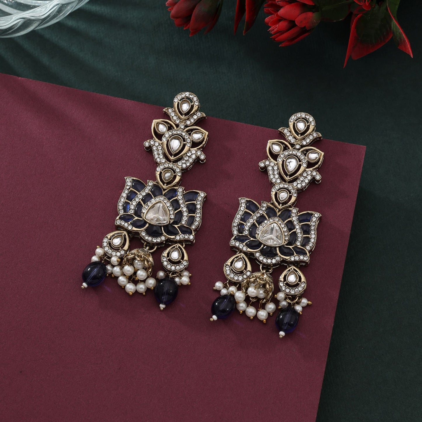 Stylish Blue Color Kundan Earrings For Party And Wedding Festive Wear