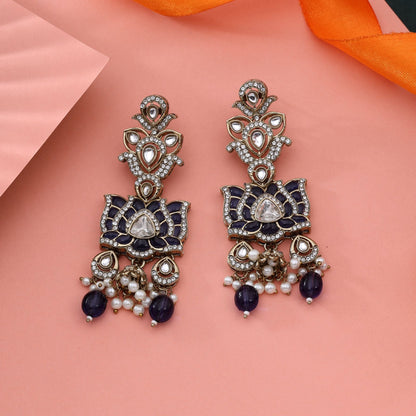 Stylish Blue Color Kundan Earrings For Party And Wedding Festive Wear