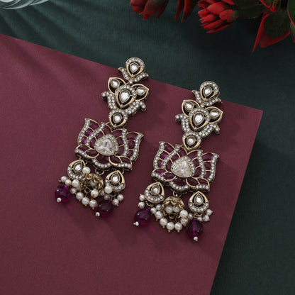 Gorgeous Purple Color Kundan Earrings With Detailed Work For Festive Look