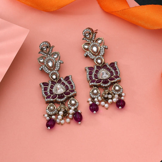 Gorgeous Purple Color Kundan Earrings With Detailed Work For Festive Look
