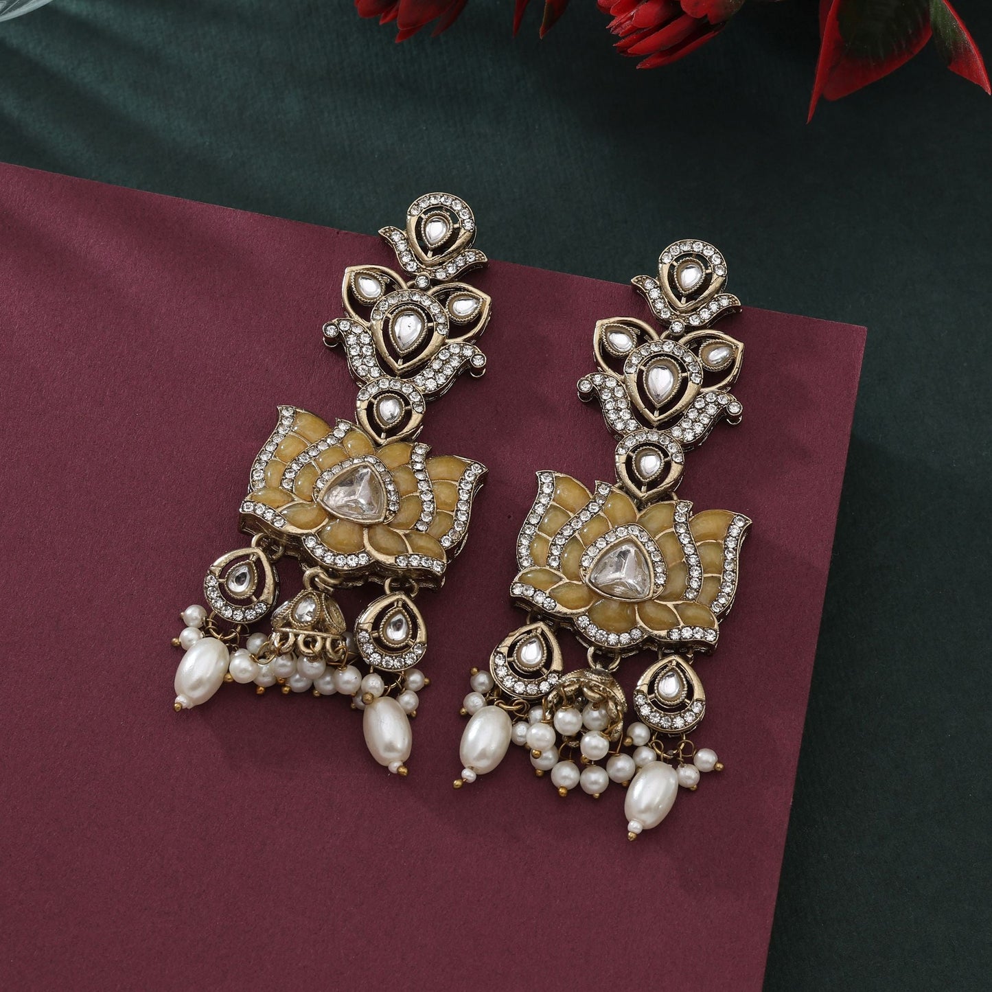 Bright Yellow Color Kundan Earrings For Elegant Festive And Casual Styling