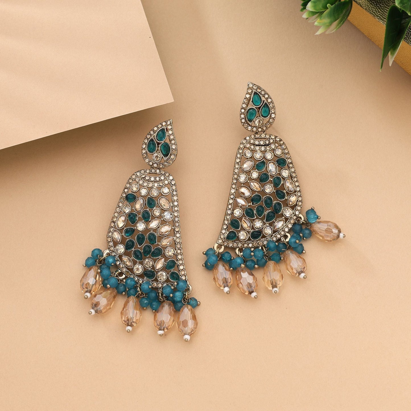 Stylish Rama Green Color Kundan Earrings Perfect For Festive Traditional Look