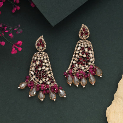Attractive Rani Color Kundan Earrings Perfect For Bridal And Party Styling