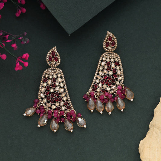 Attractive Rani Color Kundan Earrings Perfect For Bridal And Party Styling