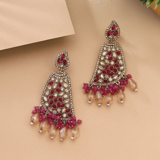 Attractive Rani Color Kundan Earrings Perfect For Bridal And Party Styling