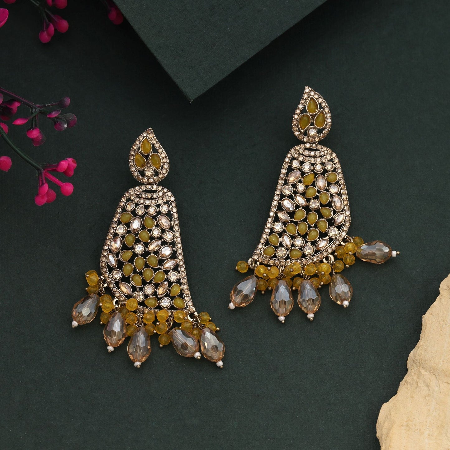 Bright Yellow Color Kundan Earrings With Intricate Traditional Polki Detailing