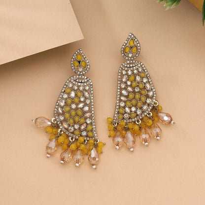 Bright Yellow Color Kundan Earrings With Intricate Traditional Polki Detailing