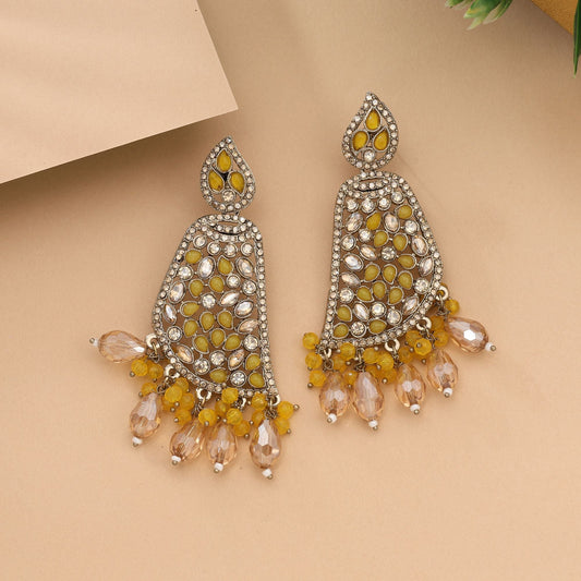 Bright Yellow Color Kundan Earrings With Intricate Traditional Polki Detailing