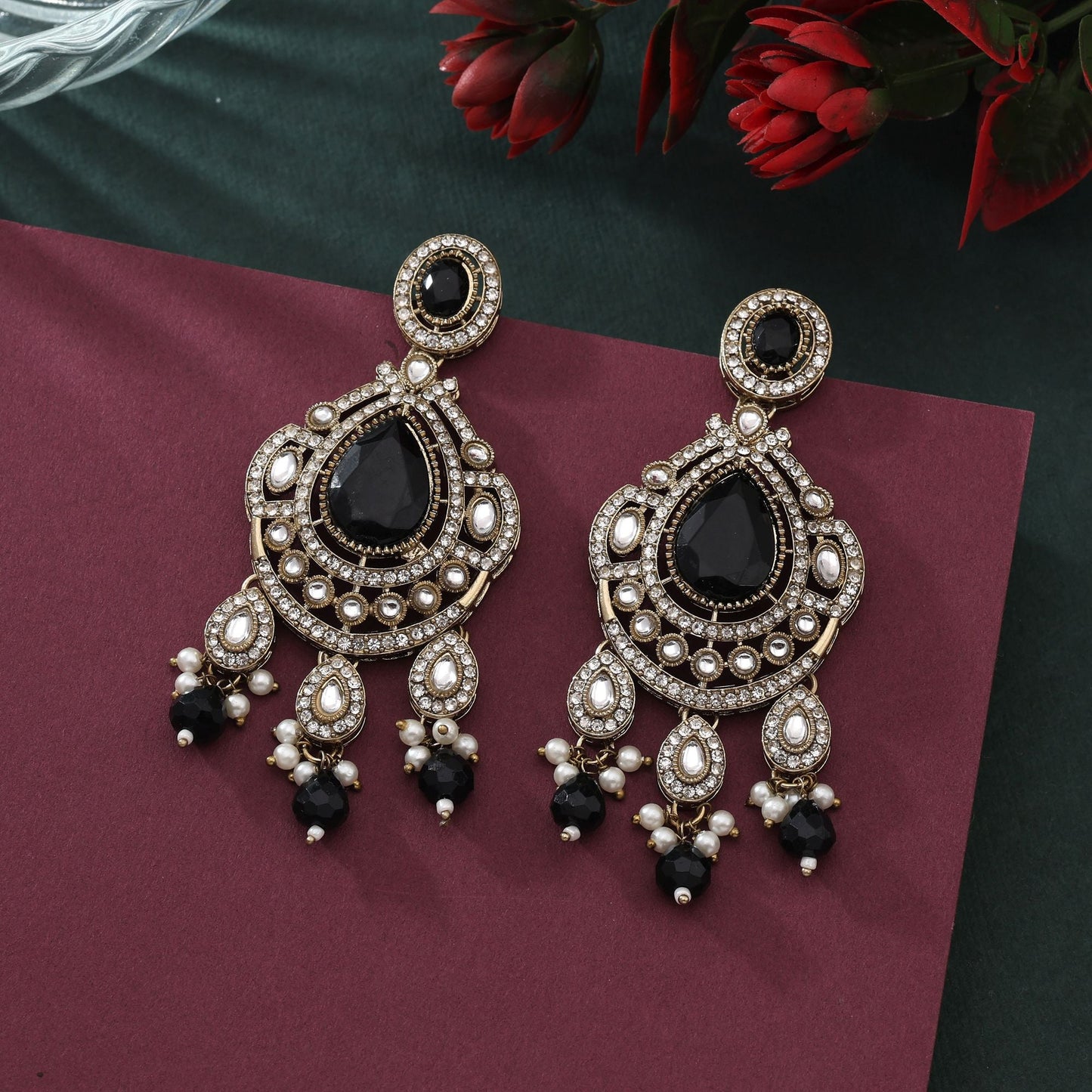 Modern Black Color Kundan Earrings For Elegant And Trendy Women