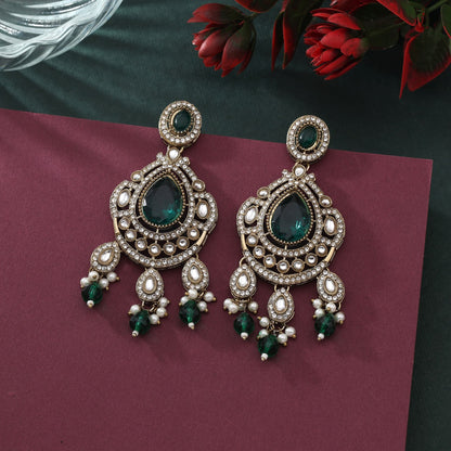 Shiny Green Color Kundan Earrings For Weddings And Traditional Celebrations