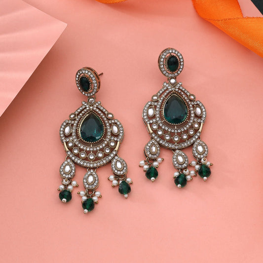 Shiny Green Color Kundan Earrings For Weddings And Traditional Celebrations