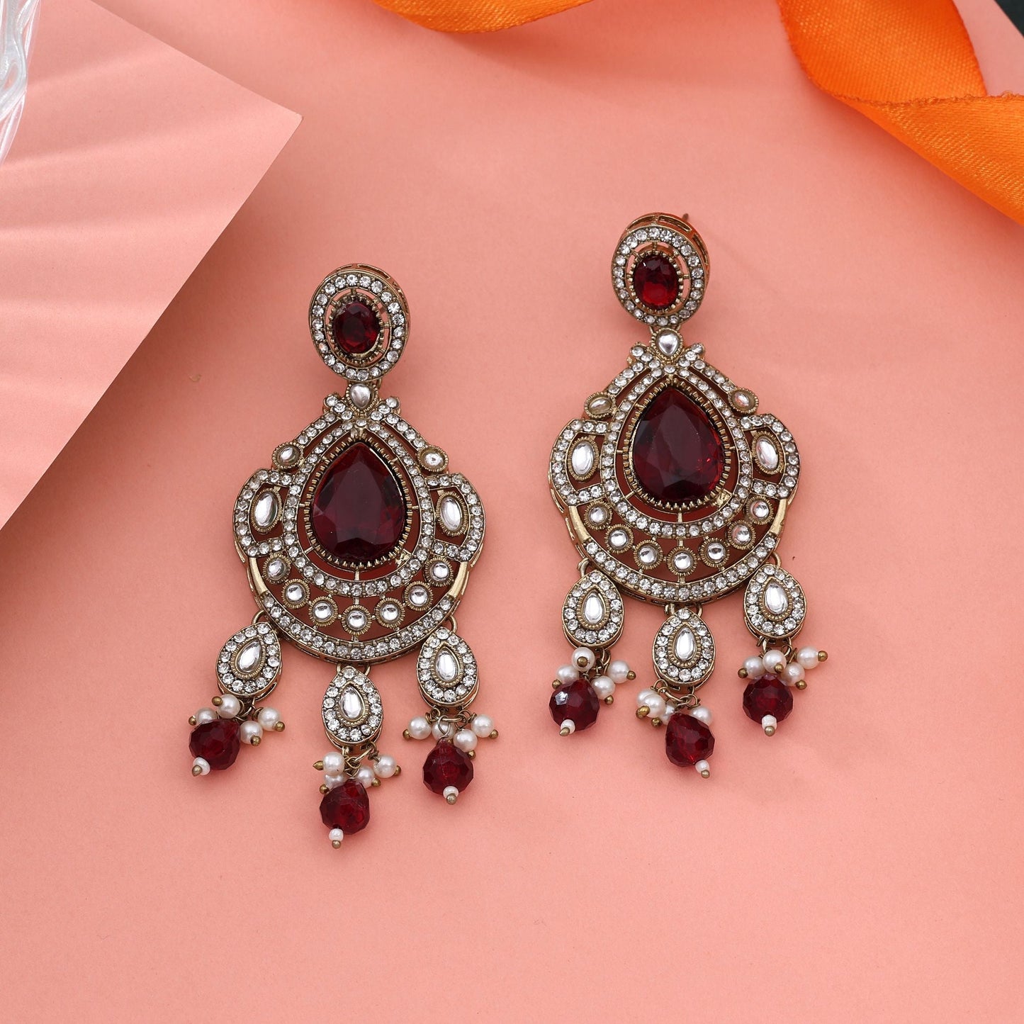 Traditional Maroon Color Kundan Earrings Perfect For Wedding And Celebration Wear