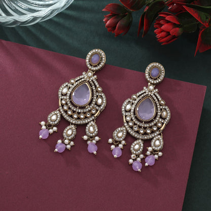 Graceful Purple Color Kundan Earrings With Detailed Stonework And Shine