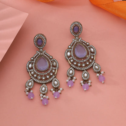 Graceful Purple Color Kundan Earrings With Detailed Stonework And Shine