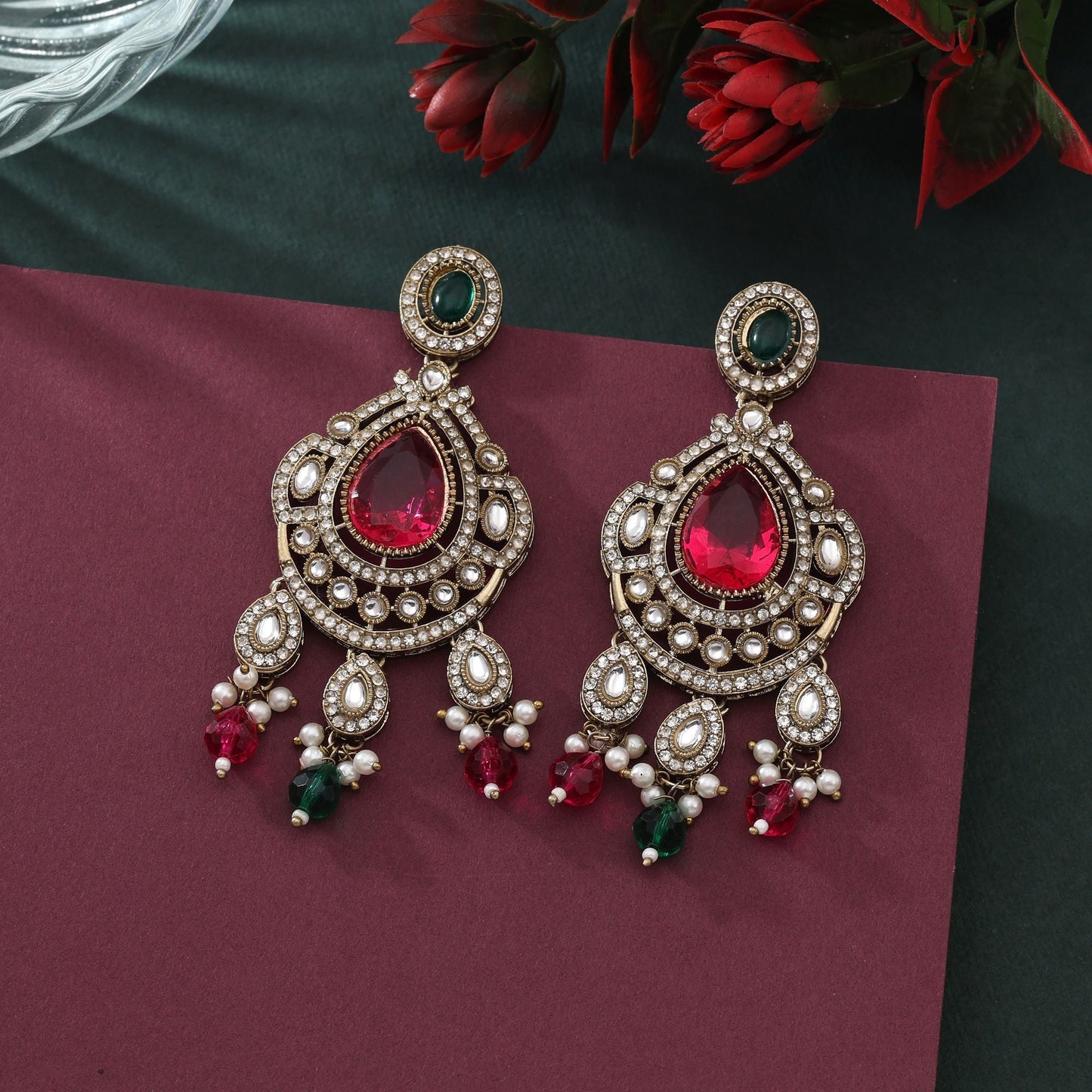 Exclusive Rani & Green Color Kundan Earrings For Traditional Indian Wear