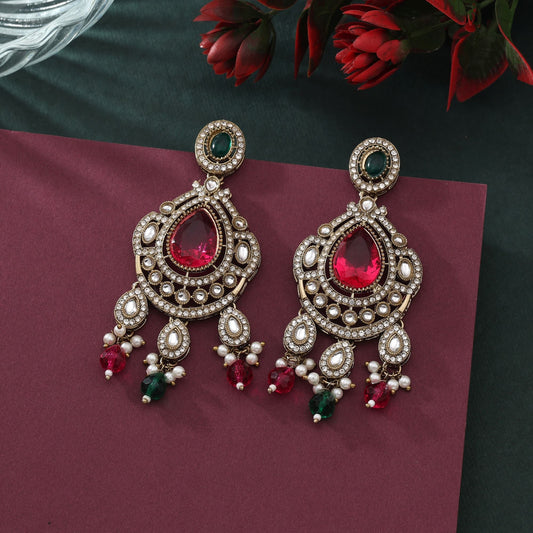 Exclusive Rani & Green Color Kundan Earrings For Traditional Indian Wear