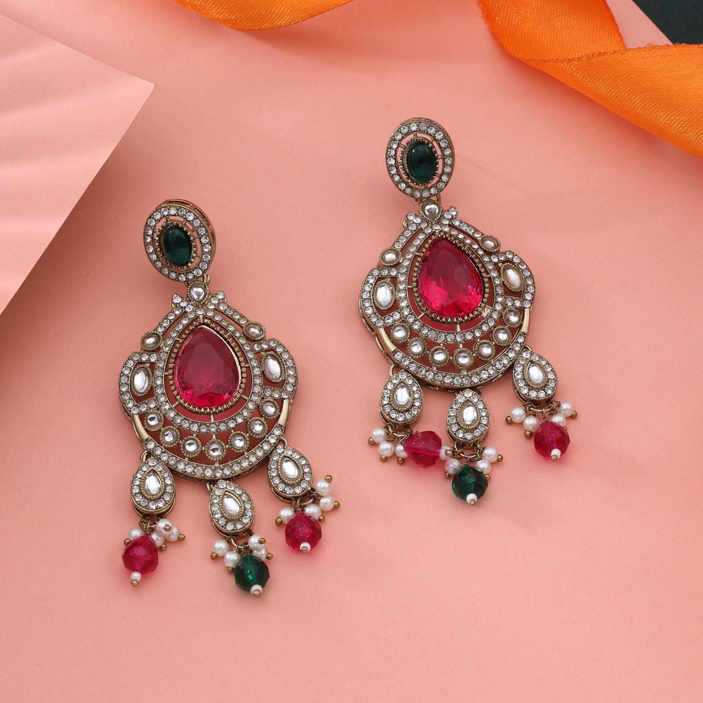 Exclusive Rani & Green Color Kundan Earrings For Traditional Indian Wear