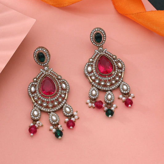 Exclusive Rani & Green Color Kundan Earrings For Traditional Indian Wear
