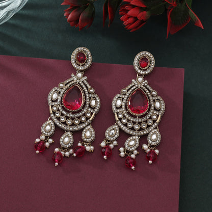 Classic Rani Color Kundan Earrings For Traditional Festive Outfits