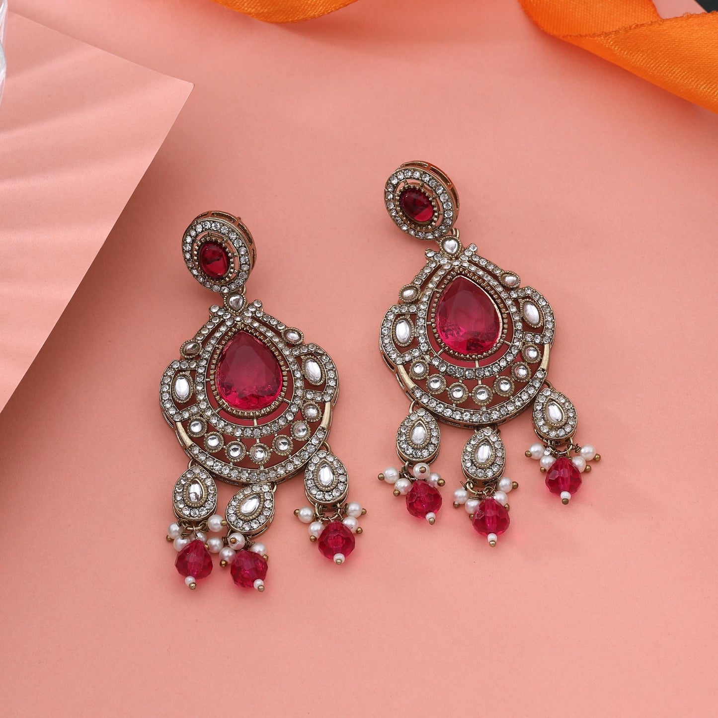 Classic Rani Color Kundan Earrings For Traditional Festive Outfits