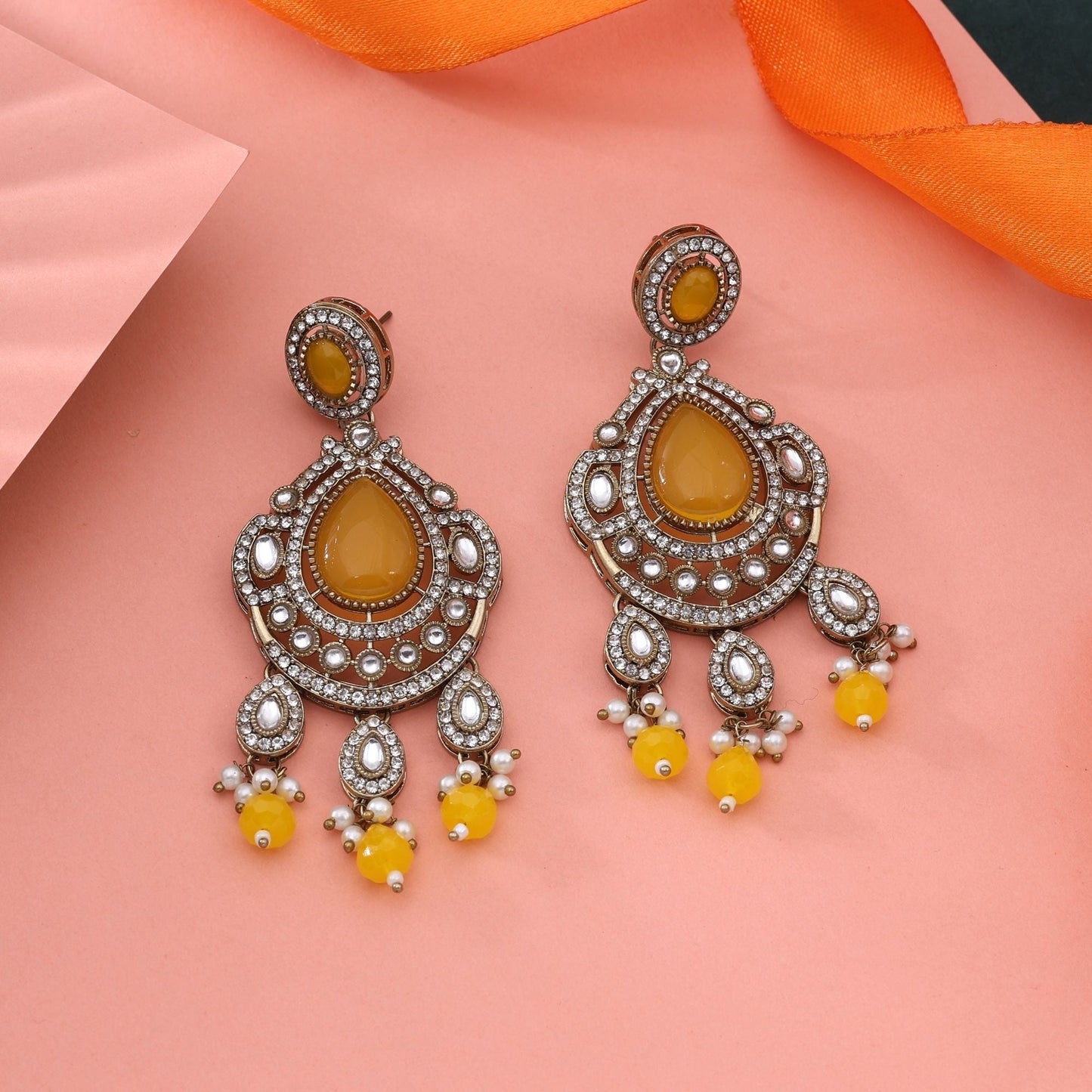 Bright Yellow Color Kundan Earrings For Chic Ethnic And Festive Styling