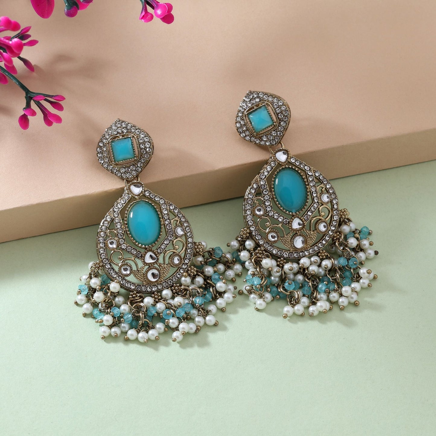 Elegant Firozi Color Kundan Earrings For Party And Cultural Events