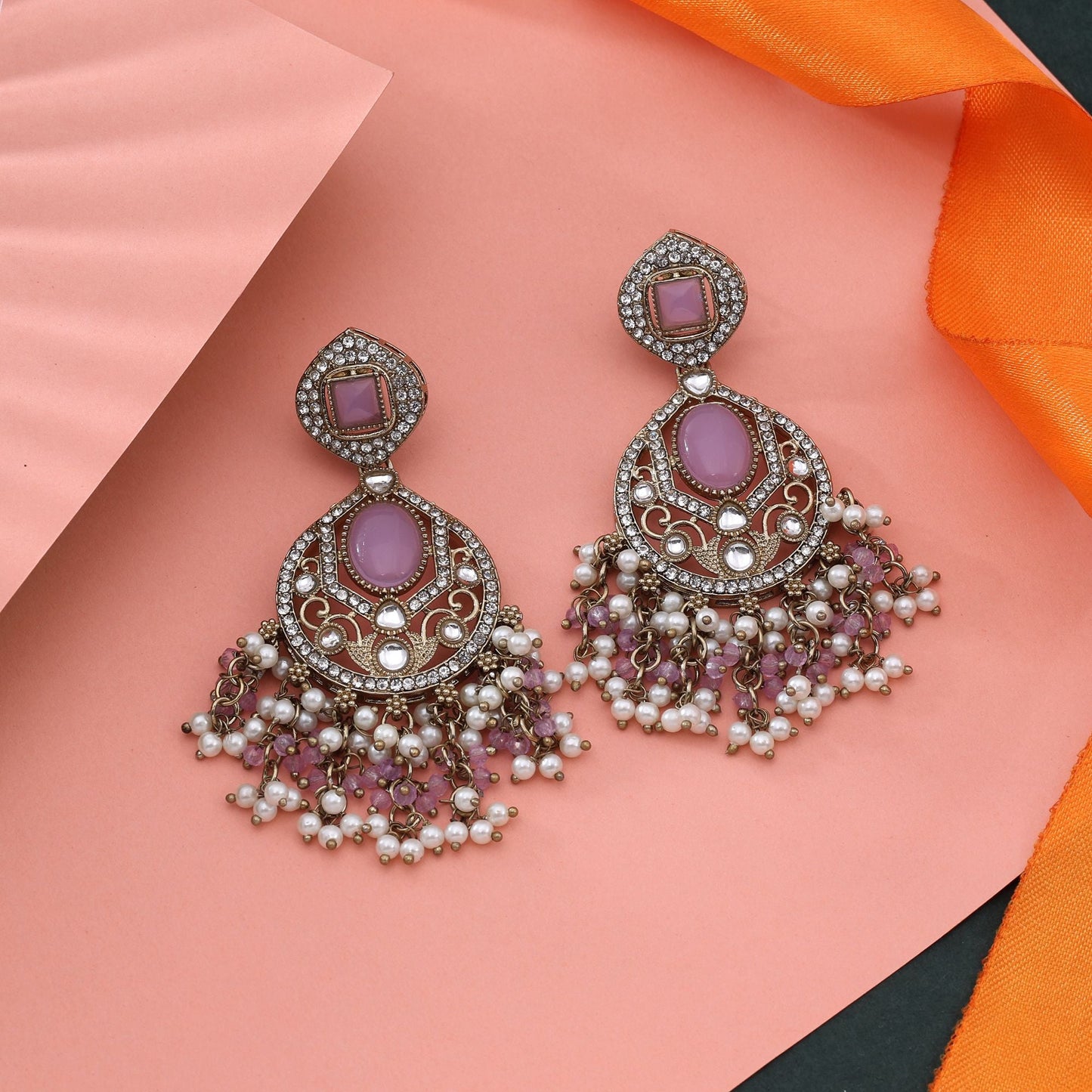 Trendy Light Purple Color Kundan Earrings For Elegant Indian Celebrations
